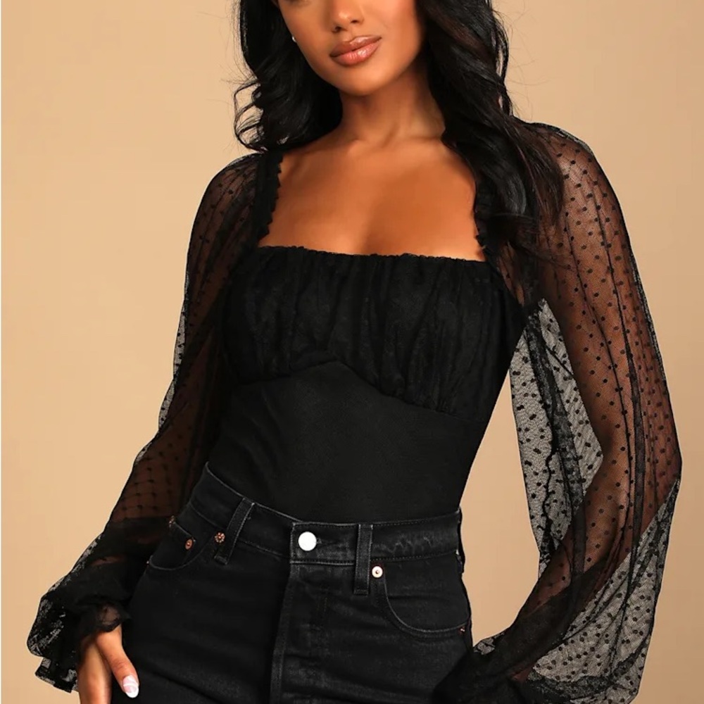 Lulu's Call the Dots Black Sheer Sleeve Bodysuit